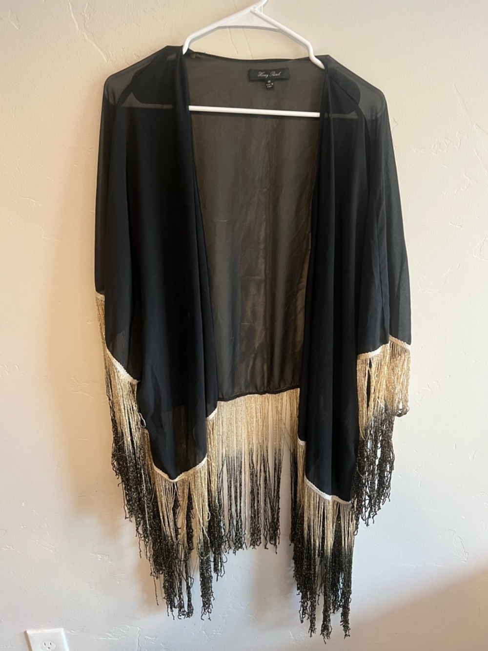 Black Fringe Sheer Kimono Cape - Unbranded